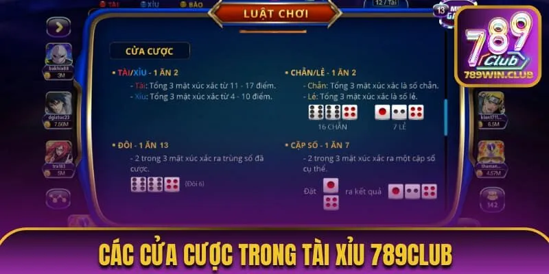 Các cửa cược trong tài xỉu 789Club